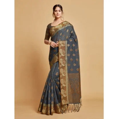 Generic Women's Organza Printed Saree With Unstitched Blouse (Grey, 5-6 Mtrs) - Image 2