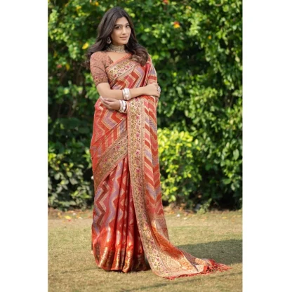 Generic Women's Organza Printed Saree With Unstitched Blouse (Orange, 5-6 Mtrs) - Image 2