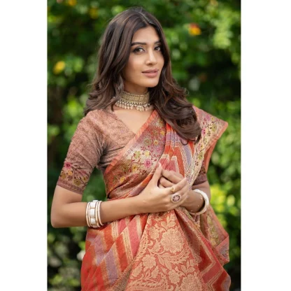 Generic Women's Organza Printed Saree With Unstitched Blouse (Orange, 5-6 Mtrs) - Image 4