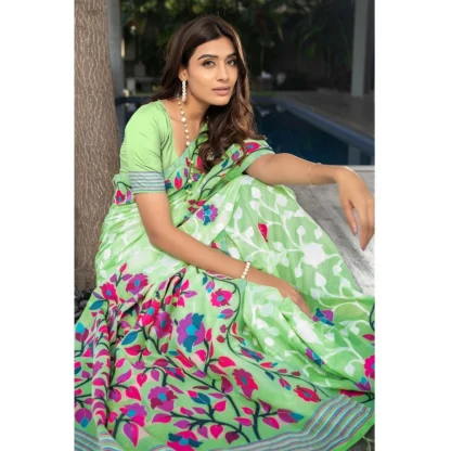 Generic Women's Cotton Printed Saree With Unstitched Blouse (Green, 5-6 Mtrs) - Image 4