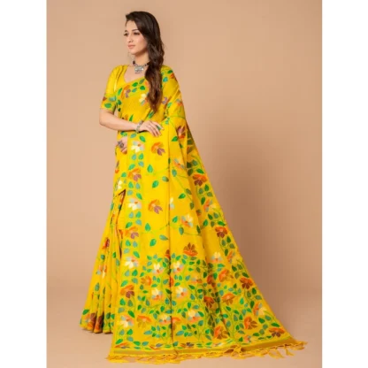 Generic Women's Cotton Printed Saree With Unstitched Blouse (Yellow, 5-6 Mtrs) - Image 2