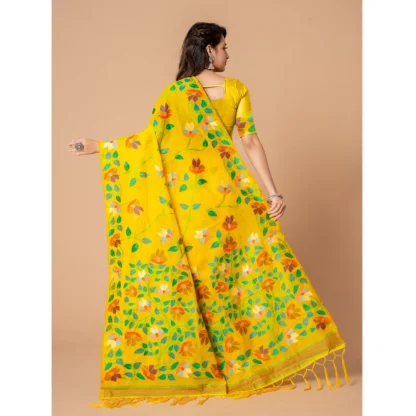 Generic Women's Cotton Printed Saree With Unstitched Blouse (Yellow, 5-6 Mtrs) - Image 3