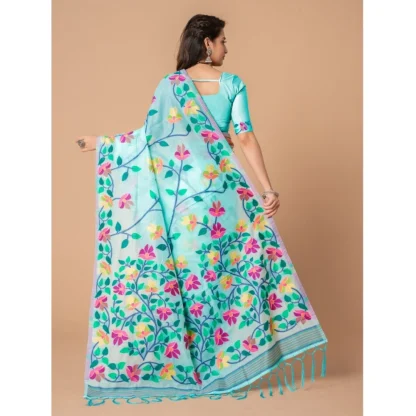 Generic Women's Cotton Printed Saree With Unstitched Blouse (Sky Blue, 5-6 Mtrs) - Image 4