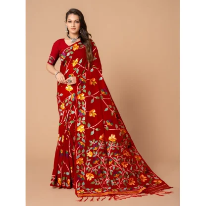 Generic Women's Cotton Printed Saree With Unstitched Blouse (Red, 5-6 Mtrs) - Image 2