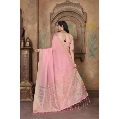 Generic Women's Soft Linen Striped Saree With Unstitched Blouse (PInk, 5-6 Mtrs) - Image 3