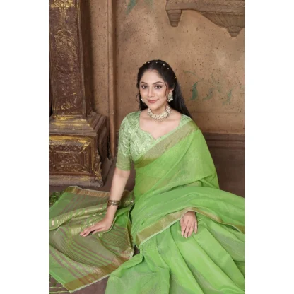 Generic Women's Soft Linen Striped Saree With Unstitched Blouse (Green, 5-6 Mtrs) - Image 2