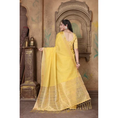 Generic Women's Soft Linen Striped Saree With Unstitched Blouse (Yellow, 5-6 Mtrs) - Image 3