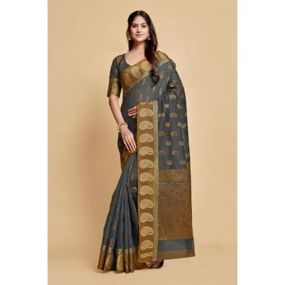 Generic Women's Chanderi Cotton Printed Saree With Unstitched Blouse (Grey, 5-6 Mtrs) - Image 2