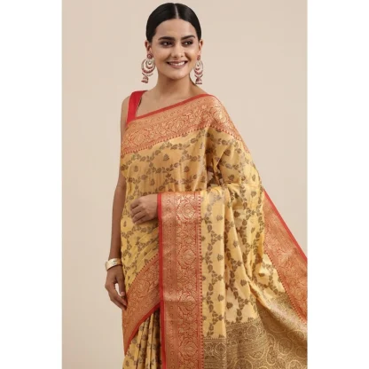 Generic Women's Chanderi Cotton Printed Saree With Unstitched Blouse (Yellow, 5-6 Mtrs) - Image 2