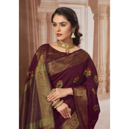 Generic Women's Chanderi Cotton Printed Saree With Unstitched Blouse (Maroon, 5-6 Mtrs) - Image 2