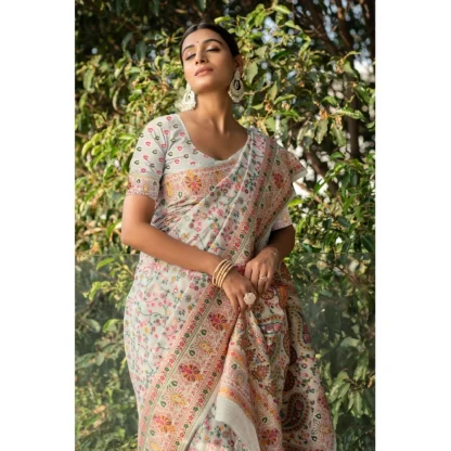 Generic Women's Linen Printed Saree With Unstitched Blouse (Off-White, 5-6 Mtrs) - Image 4