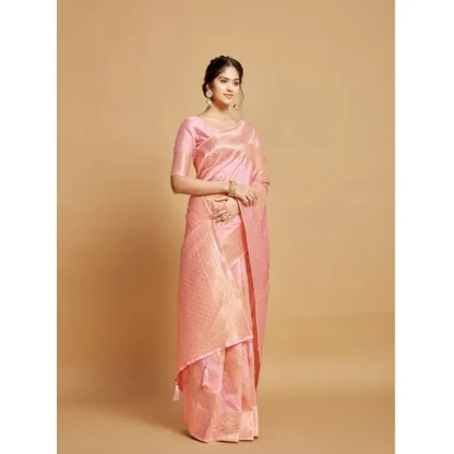 Generic Women's Linen Printed Saree With Unstitched Blouse (Pink, 5-6 Mtrs) - Image 5