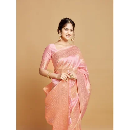 Generic Women's Linen Printed Saree With Unstitched Blouse (Pink, 5-6 Mtrs) - Image 4