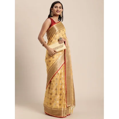 Generic Women's Chanderi Cotton Printed Saree With Unstitched Blouse (Yellow, 5-6 Mtrs) - Image 3