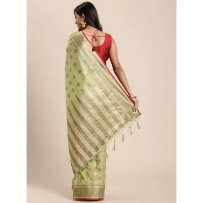 Generic Women's Chanderi Cotton Printed Saree With Unstitched Blouse (Pista, 5-6 Mtrs) - Image 4