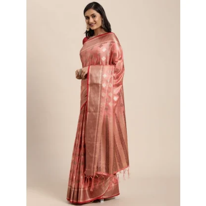 Generic Women's Chanderi Cotton Printed Saree With Unstitched Blouse (Pink, 5-6 Mtrs) - Image 3