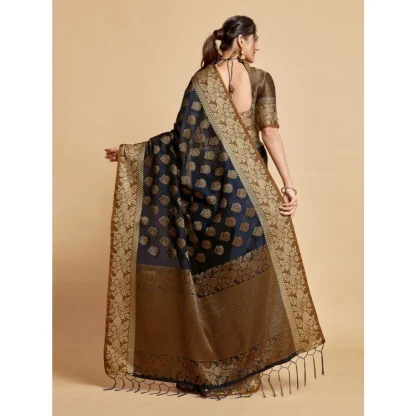 Generic Women's Chanderi Cotton Printed Saree With Unstitched Blouse (Navy, 5-6 Mtrs) - Image 4