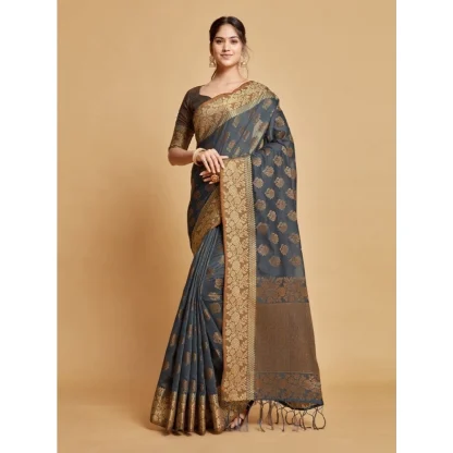 Generic Women's Chanderi Cotton Printed Saree With Unstitched Blouse (Grey, 5-6 Mtrs) - Image 2