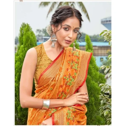 Generic Women's Organza Printed Saree With Unstitched Blouse (Orange, 5-6 Mtrs) - Image 2