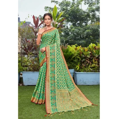 Generic Women's Organza Printed Saree With Unstitched Blouse (Green, 5-6 Mtrs)