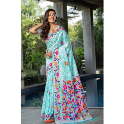 Generic Women's Cotton Printed Saree With Unstitched Blouse (Sky Blue, 5-6 Mtrs) - Image 2