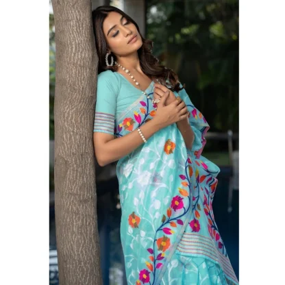 Generic Women's Cotton Printed Saree With Unstitched Blouse (Sky Blue, 5-6 Mtrs) - Image 4