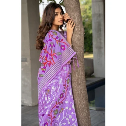 Generic Women's Cotton Printed Saree With Unstitched Blouse (Lavender, 5-6 Mtrs) - Image 4