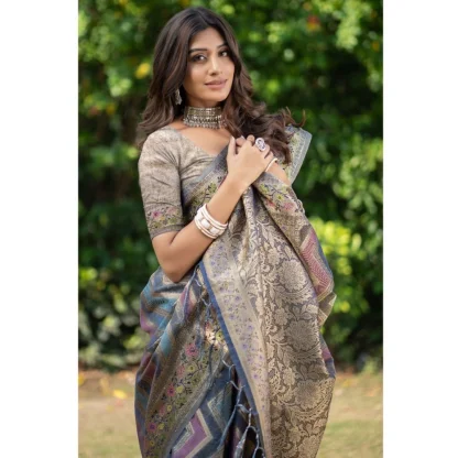 Generic Women's Organza Printed Saree With Unstitched Blouse (Teal, 5-6 Mtrs) - Image 4