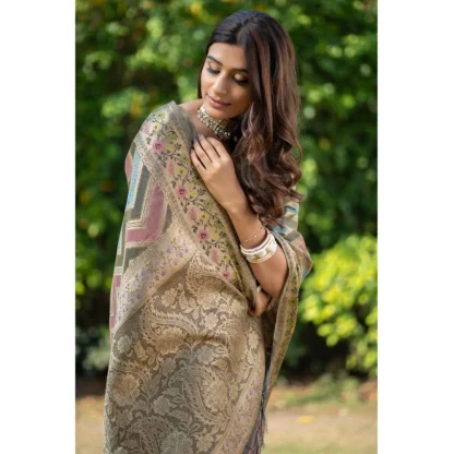 Generic Women's Organza Printed Saree With Unstitched Blouse (Grey, 5-6 Mtrs) - Image 2