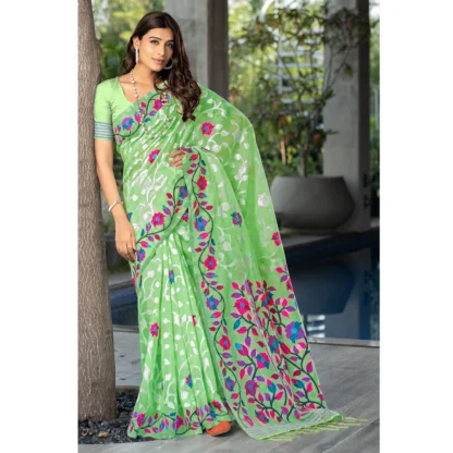 Generic Women's Cotton Printed Saree With Unstitched Blouse (Green, 5-6 Mtrs) - Image 2