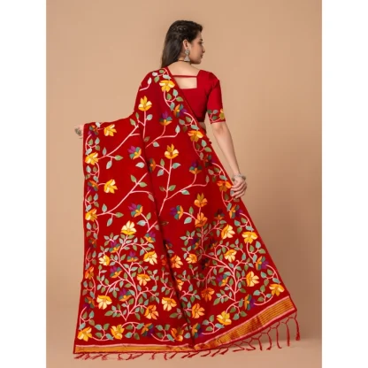 Generic Women's Cotton Printed Saree With Unstitched Blouse (Red, 5-6 Mtrs) - Image 3