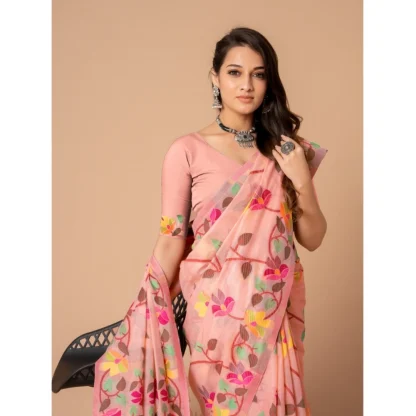 Generic Women's Cotton Printed Saree With Unstitched Blouse (Pink, 5-6 Mtrs) - Image 5