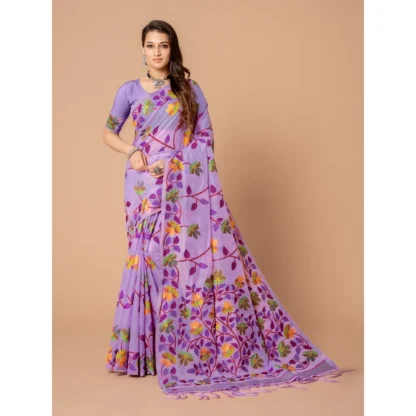 Generic Women's Cotton Printed Saree With Unstitched Blouse (Lavender, 5-6 Mtrs) - Image 2