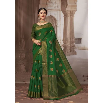 Generic Women's Linen Printed Saree With Unstitched Blouse (Dark Green, 5-6 Mtrs)