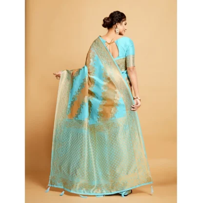 Generic Women's Linen Printed Saree With Unstitched Blouse (Sky Blue, 5-6 Mtrs) - Image 3