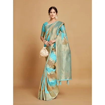 Generic Women's Linen Printed Saree With Unstitched Blouse (Sky Blue, 5-6 Mtrs) - Image 4