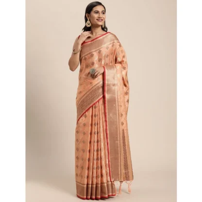 Generic Women's Chanderi Cotton Printed Saree With Unstitched Blouse (Orange, 5-6 Mtrs) - Image 2