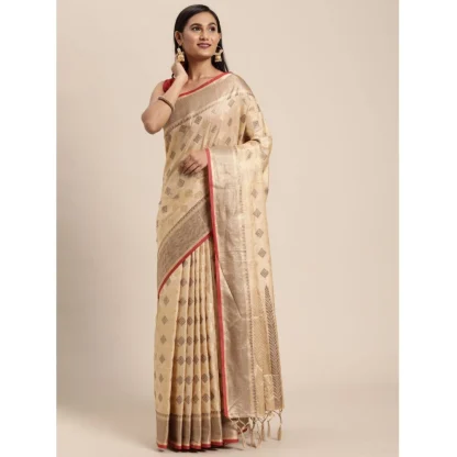 Generic Women's Chanderi Cotton Printed Saree With Unstitched Blouse (Beige, 5-6 Mtrs) - Image 2