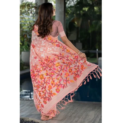 Generic Women's Cotton Printed Saree With Unstitched Blouse (Peach, 5-6 Mtrs) - Image 3