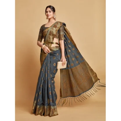 Generic Women's Organza Printed Saree With Unstitched Blouse (Grey, 5-6 Mtrs) - Image 4