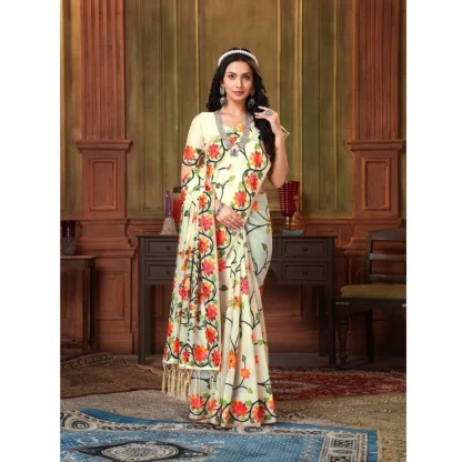 Generic Women's Organza Printed Saree With Unstitched Blouse (White, 5-6 Mtrs) - Image 4