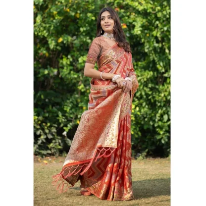 Generic Women's Organza Printed Saree With Unstitched Blouse (Orange, 5-6 Mtrs) - Image 3