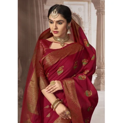 Generic Women's Chanderi Cotton Printed Saree With Unstitched Blouse (Red, 5-6 Mtrs) - Image 2