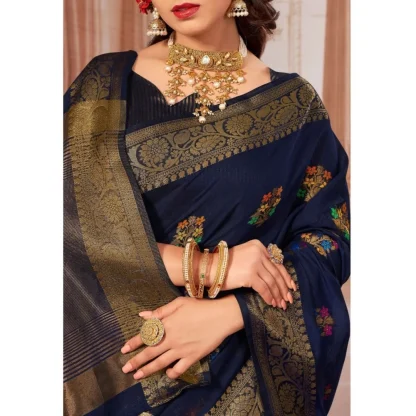 Generic Women's Chanderi Cotton Printed Saree With Unstitched Blouse (Navy Blue, 5-6 Mtrs) - Image 2