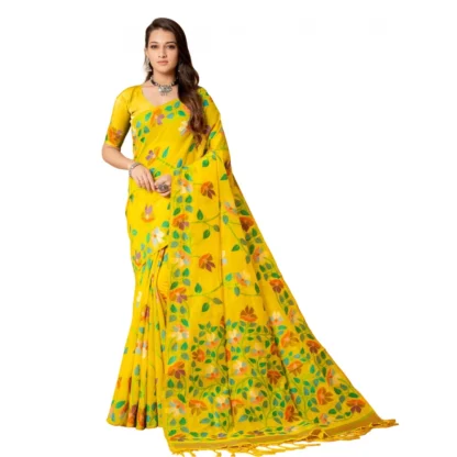 Generic Women's Cotton Printed Saree With Unstitched Blouse (Yellow, 5-6 Mtrs)