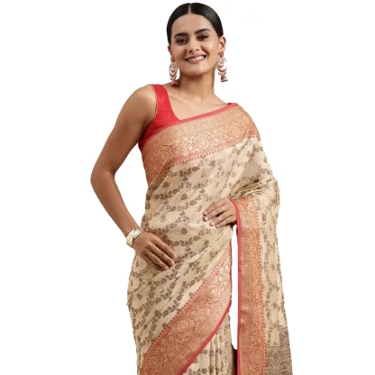 Generic Women's Chanderi Cotton Printed Saree With Unstitched Blouse (Beige, 5-6 Mtrs)