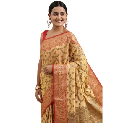 Generic Women's Chanderi Cotton Printed Saree With Unstitched Blouse (Yellow, 5-6 Mtrs)