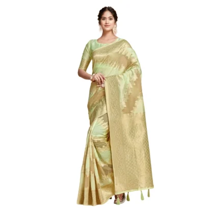 Generic Women's Linen Printed Saree With Unstitched Blouse (Pista, 5-6 Mtrs)