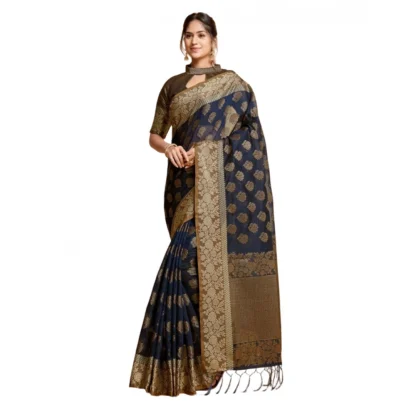 Generic Women's Chanderi Cotton Printed Saree With Unstitched Blouse (Navy, 5-6 Mtrs)