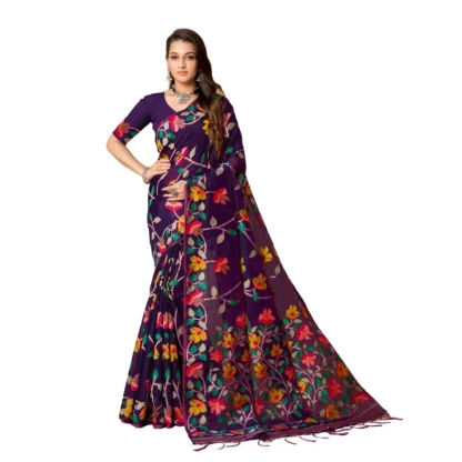 Generic Women's Cotton Printed Saree With Unstitched Blouse (Wine, 5-6 Mtrs)